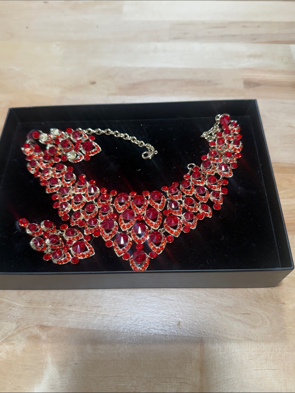 Elegant Red Crystal Statement Necklace and Earrings Set